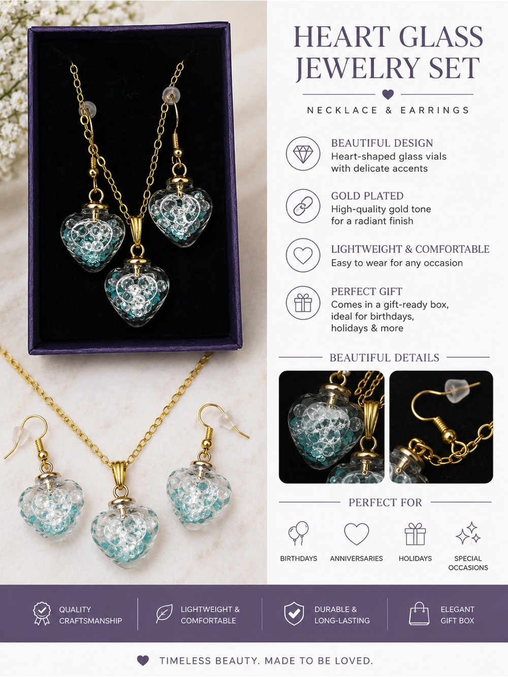 Gold-Plated Heart Glass Necklace & Earring Set - Teal Heart Design